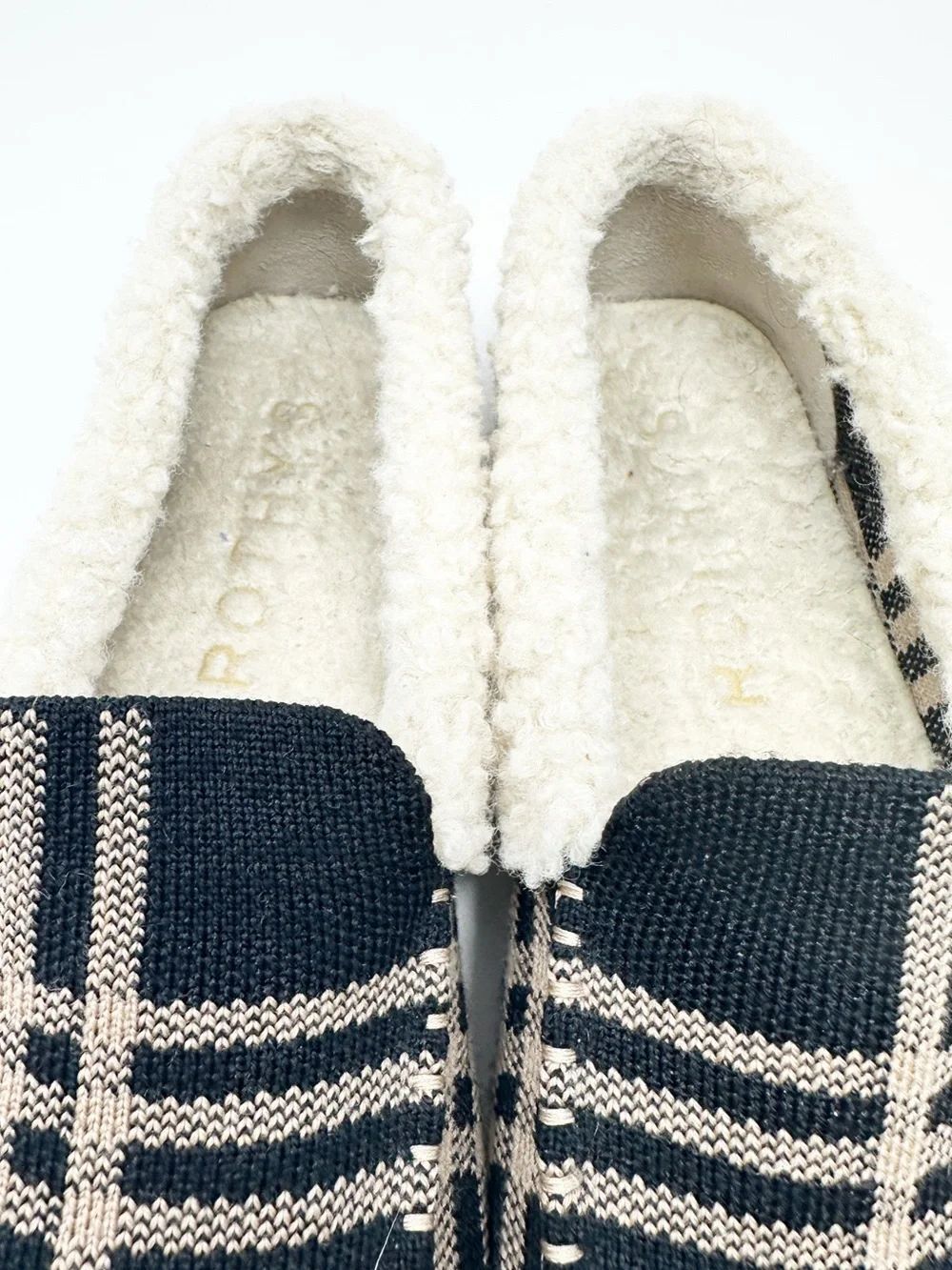 Rothy’s The Slipper Black Camel Plaid Loafer Sherpa Lined Merino Wool Size 7 - Picture 8 of 11